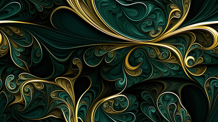 abstract art in rich dark green, silver and gold colors - Seamless tile. Endless and repeat print.