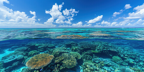 Fototapeta na wymiar Great Barrier Reef on the coast of Queensland, Australia seascape. Coral sea marine ecosystem underwater split view with a blue daylight sky wallpaper background
