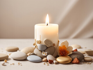 Obraz na płótnie Canvas Warm Glow: Burning Candle on Beige Background - Aesthetic Serenity