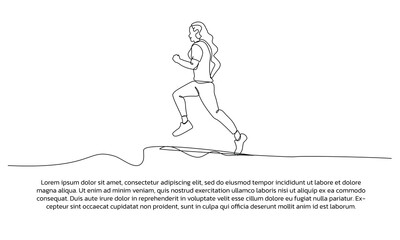 One continuous line design of a woman jogging. Single line decorative element drawn on white background.