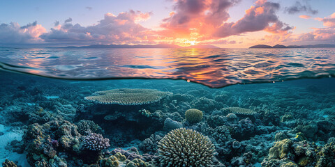 Great Barrier Reef on the coast of Queensland, Australia seascape. Coral marine ecosystem underwater split view, golden hour sunset evening sky wallpaper background