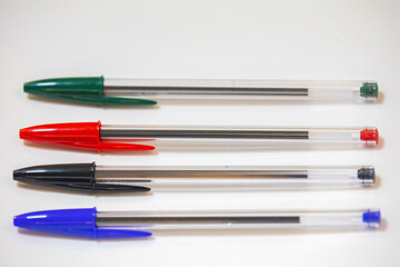 ballpoint pens in different colors. Old and traditional pens.