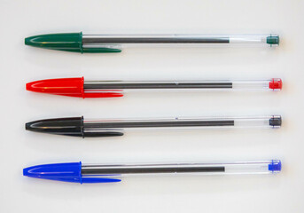 ballpoint pens in different colors. Old and traditional pens.