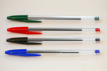 ballpoint pens in different colors. Old and traditional pens.