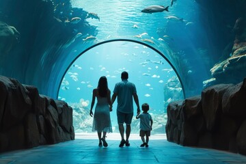 Rear view of mother, father and child walking in the sea world aquarium area. A family is spending time in a giant aquarium