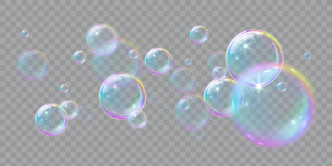 Soap bubbles, illustrations of realistic transparent soap bubbles on transparent cut out background