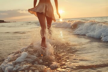 A solitary woman stands on the beach, her clothing fluttering in the gentle ocean breeze as she watches the sun dip below the horizon, the waves crashing against the shore in a symphony of serenity