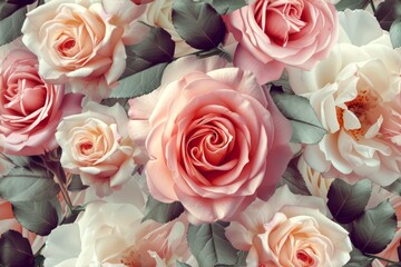 Soft Pink Roses in Full Bloom Background, A dense and beautiful bouquet featuring an array of blush roses and delicate white cosmos flowers, creating a soft and romantic texture.