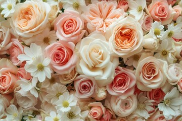 A dense and beautiful bouquet featuring an array of blush roses and delicate white cosmos flowers, creating a soft and romantic texture.