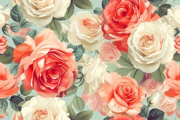 A seamless vintage wallpaper pattern showcases pastel-toned roses in full bloom, evoking a sense of romance and timelessness in its design.