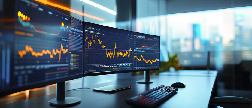 A stock trader's computer, Financial charts and graphs technology have wave data, a trader's desk, screen computer charts background cover banner ultrawide size website - Powered by Adobe