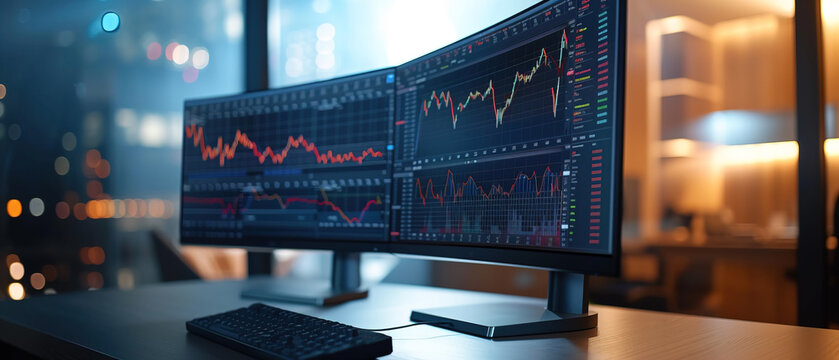 A stock trader's computer, Financial charts and graphs technology have wave data, a trader's desk, screen trader, screen computer charts background cover banner ultrawide size website