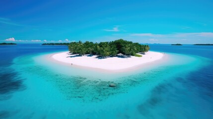 A small island in the middle of the ocean, surrounded by turquoise blue water and white sand beaches,