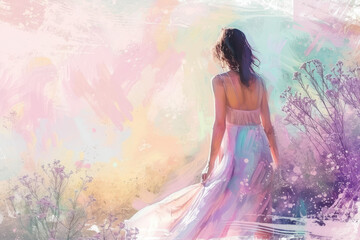 beautiful woman in dress with pastel colors of spring