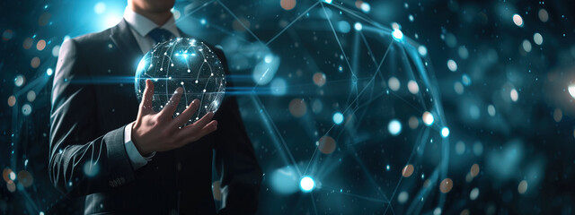 A Man in a suit holding a technological globe, A man hold globe Vibrant Fiber Optics Lights Illuminate a Cosmic Swirling Colors ,Technology Background, banner ultrawide website 21:9, illustrations