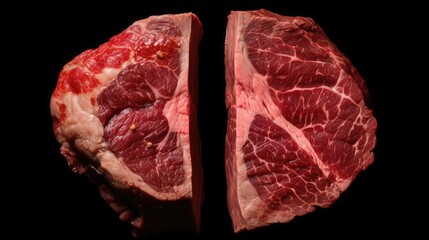 A steak cut in half aerial photography, 32K, high resolution, high quality, photography for a cooking magazine, 