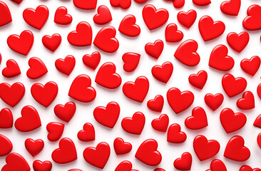 Wallpaper with red hearts on a white background flatly. Horizontal format.