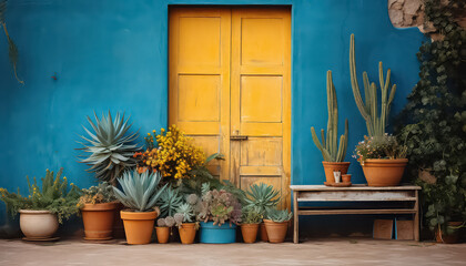 Fototapeta na wymiar Colorful door and wall with cacti - a concept welcome to Mexico