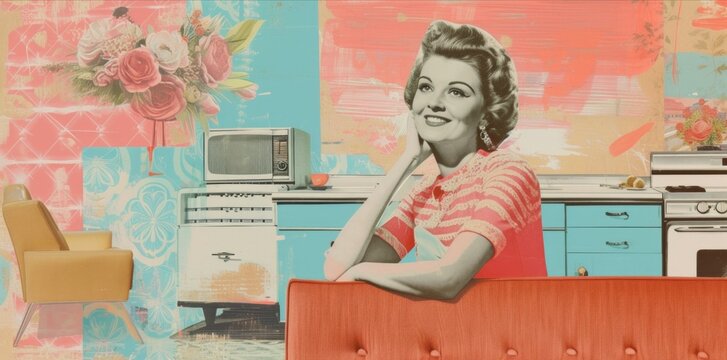 classic retro illustration,american housewife close up portrait  smiling  indoor at home, 40s, 50s era, surreal collage type of postcard, pastel colors