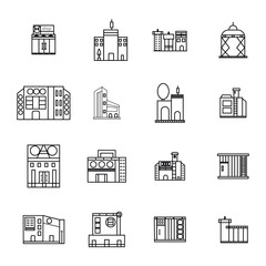 Buildings line icon set. Bank, school, courthouse, university, library. Architecture concept. Can be used for topics like office, city, real estate