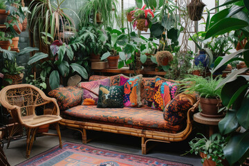 Boho interior design of living room with sofa and rattan armchair, with many plants
