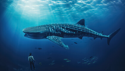A scuba diver swims next to a whale shark in Mexico