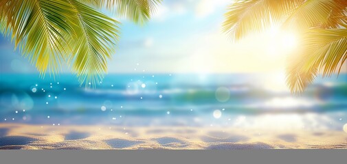 Fototapeta na wymiar An Illustration of an Abstract Beach Background with Sunlit Sand, Shimmering Sea, and Palm Tree Shadows—Nature's Harmony in Coastal Hues. Made with Generative AI Technology