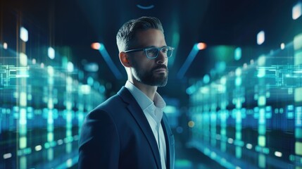 Cybersecurity businessman projecting data servers, in the style of light indigo and light azure, 
