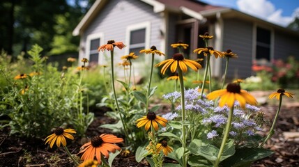 Backyard Garden with Pollinator-Friendly Plantings. A residential backyard garden blooms with pollinator-friendly plants, offering a colorful and vibrant habitat for local wildlife.