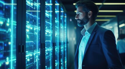 Fototapeta premium Cybersecurity businessman projecting data servers, in the style of light indigo and light azure, g