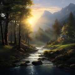 A natural view of a little cottage in forest and river with mountain background in the morning with sun ray
