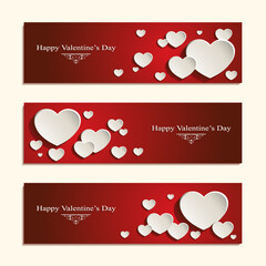 Vector illustration of three stylish abstract Valentine's banners with cute white hearts in front of red backgrounds