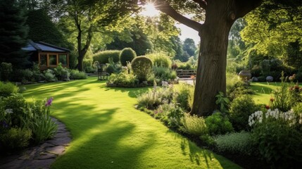 Fototapeta premium Sunlit Eco-Friendly Garden and Lush Meadows. A serene eco lawn garden bathed in sunlight, with a stone pathway leading through vibrant green meadows and diverse flora.
