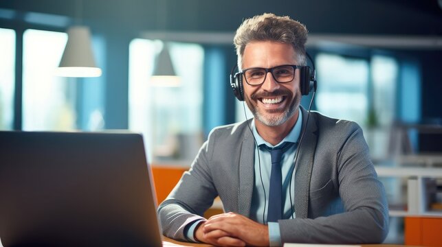 Make It Realistic Photography Smiling Office Worker With Headphones And Computer On The Desk And Blured Background