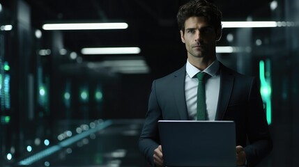 Man with dark hair and green eyes in business suite with laptop in data center in 4k resolution