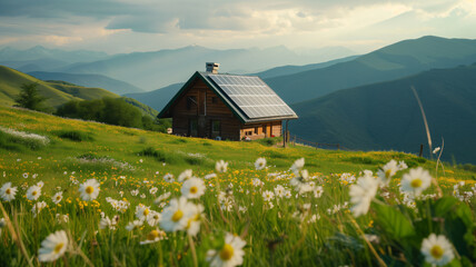 Fototapeta na wymiar a small house with solar panels. meadows and wildflowers. mountain background