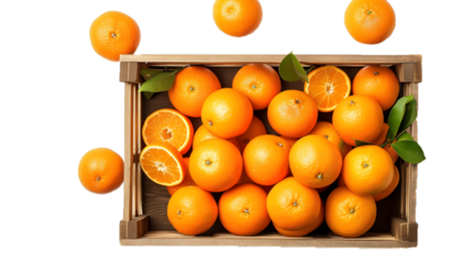 Top view of fresh oranges in wooden crate isolated on whitebackground 