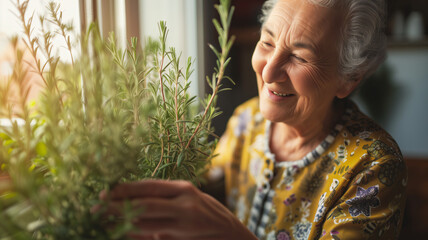 a happy old woman with a rosemary plant on the window of the house