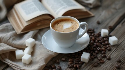 coffee with sugar cubes and book
