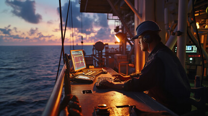 A focused marine engineer in safety gear works on navigation equipment aboard a vessel during a tranquil sunset.