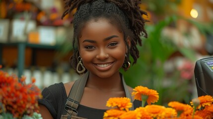 An African American florist shop assistant holds a payment machine as a customer pays with a credit card at the counter. Smiling florist holding card reader machine and customer paying with credit - obrazy, fototapety, plakaty