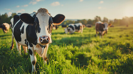 A herd of cows with black and white patches grazing peacefully in a vibrant green pasture under a...