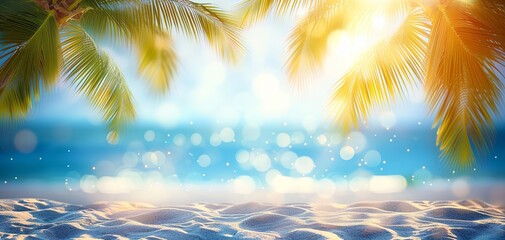 An Illustration of an Abstract Beach Background with Sunlit Sand, Shimmering Sea, and Palm Tree Shadows—Nature's Harmony in Coastal Hues. Made with Generative AI Technology