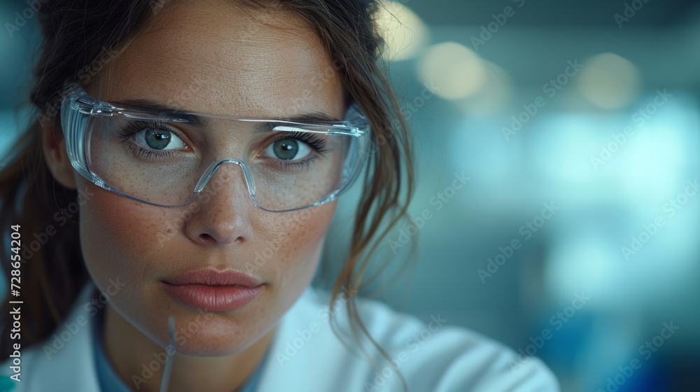 Poster medical scientist in white coat and safety glasses examines testing sample with micropipette. develo