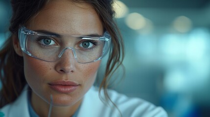 Medical Scientist in White Coat and Safety Glasses Examines Testing Sample with Micropipette. Developing Innovative, Experimental Drugs in High-Tech Laboratory.