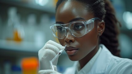 A female medical scientist using a micropipette as she examines a testing sample in a high-tech laboratory. Innovative, experimental drugs research, biotech development in high-tech lab.