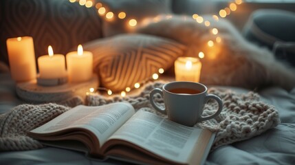 Obraz na płótnie Canvas Cup of tea with paper open book and burning scented candles on marble table over cozy chair and glowing lights in bedroom closeup. Winter holiday season.