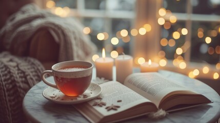 Cup of tea with paper open book and burning scented candles on marble table over cozy chair and glowing lights in bedroom closeup. Winter holiday season.