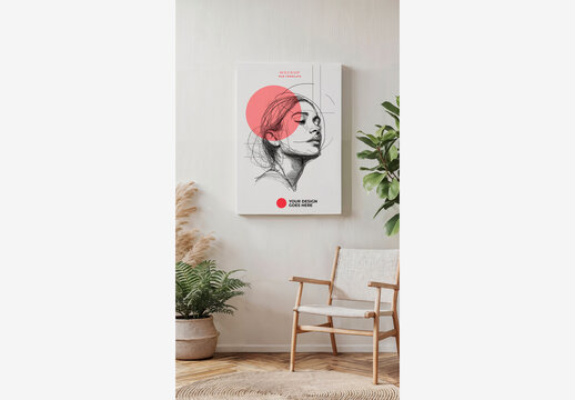 Minimalist Interior with Chair, Plant, and White Wall - Poster Frame Mockup for Stock Photos Poster Frame Mockup Interior