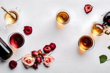 Flat lay composition. Glasses with different wine on white background, top view
